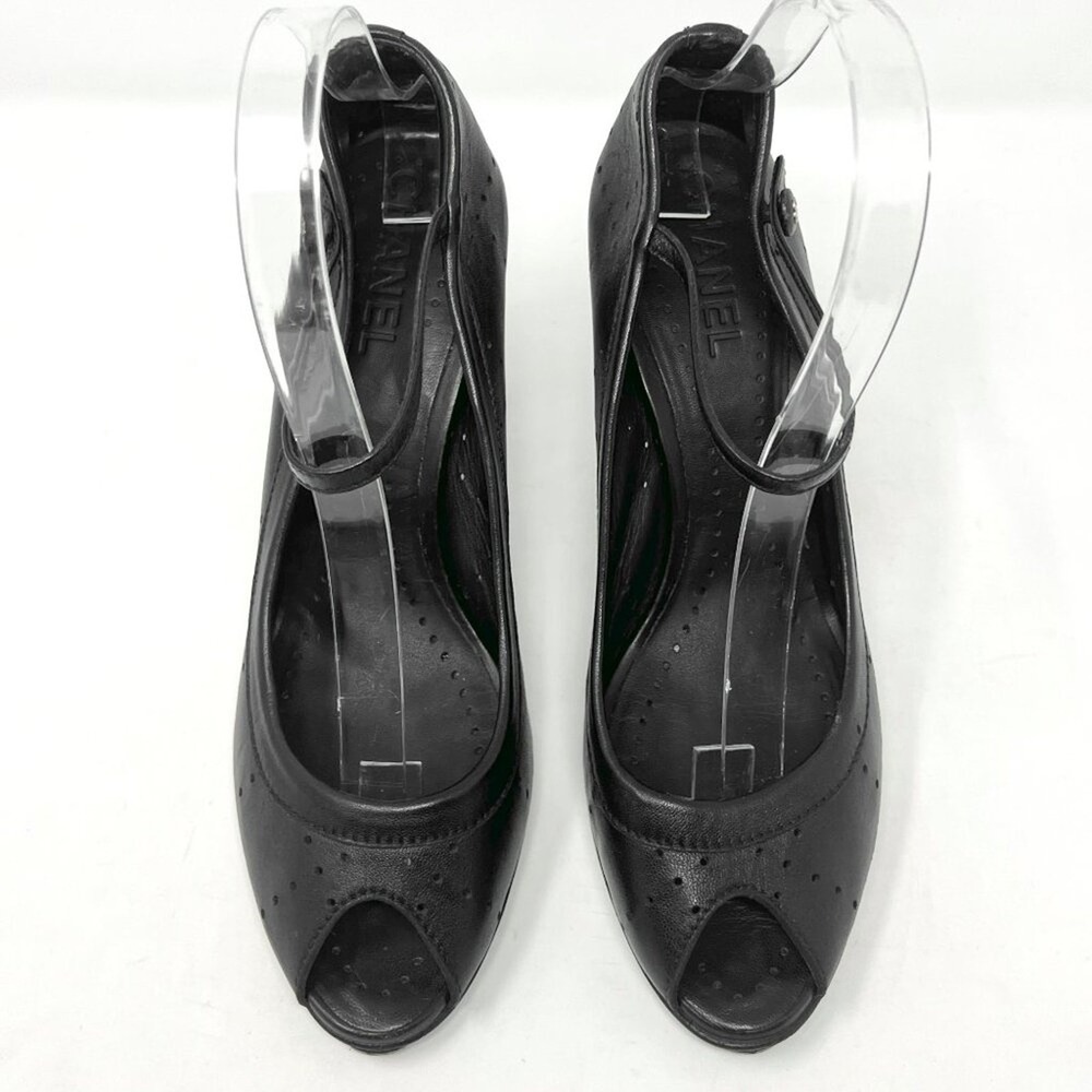 Chanel Black Leather Mary Jane Peep Toe Heels CC Pumps 41 - Picture 2 of 9